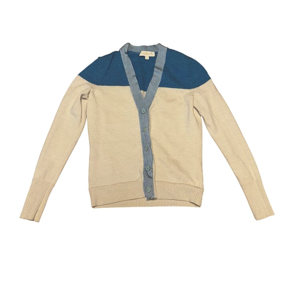 Tory Burch Blue Tan Button Cardigan Size XS Womens Academia Neutral Soft Light B